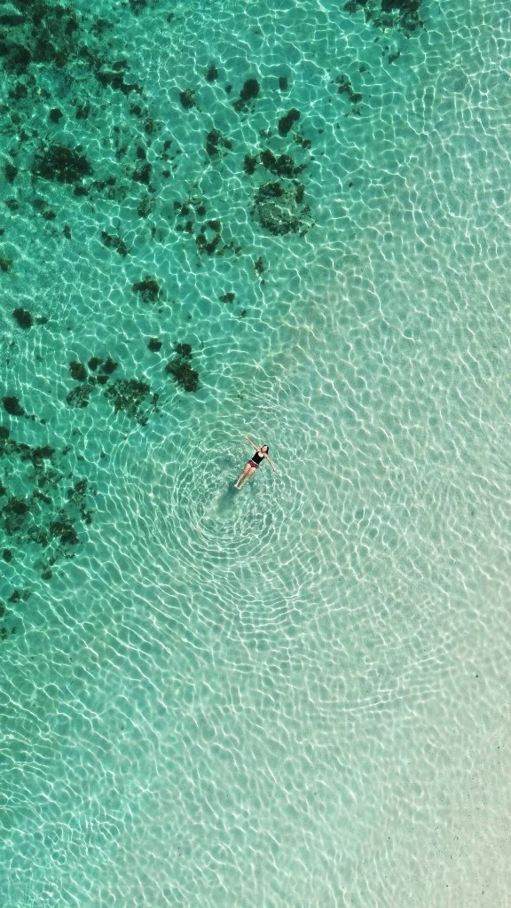 A woman floating peacefully in the transparent turquoise sea of Komodo Island